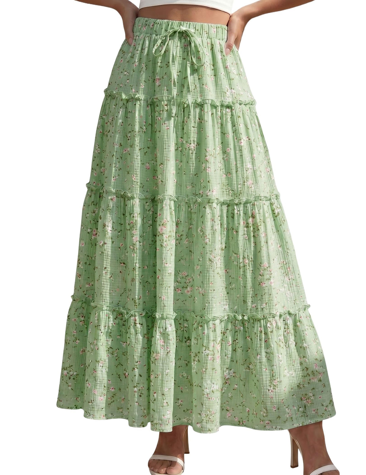 DERAX Womens Boho Maxi Skirt Flowy Ruffle Tiered High Waisted Long Skirts