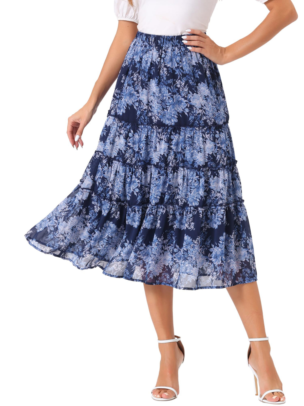 Allegra K Women's Floral Skirt Chiffon A-line Long Tiered Ruffle Maxi Skirt