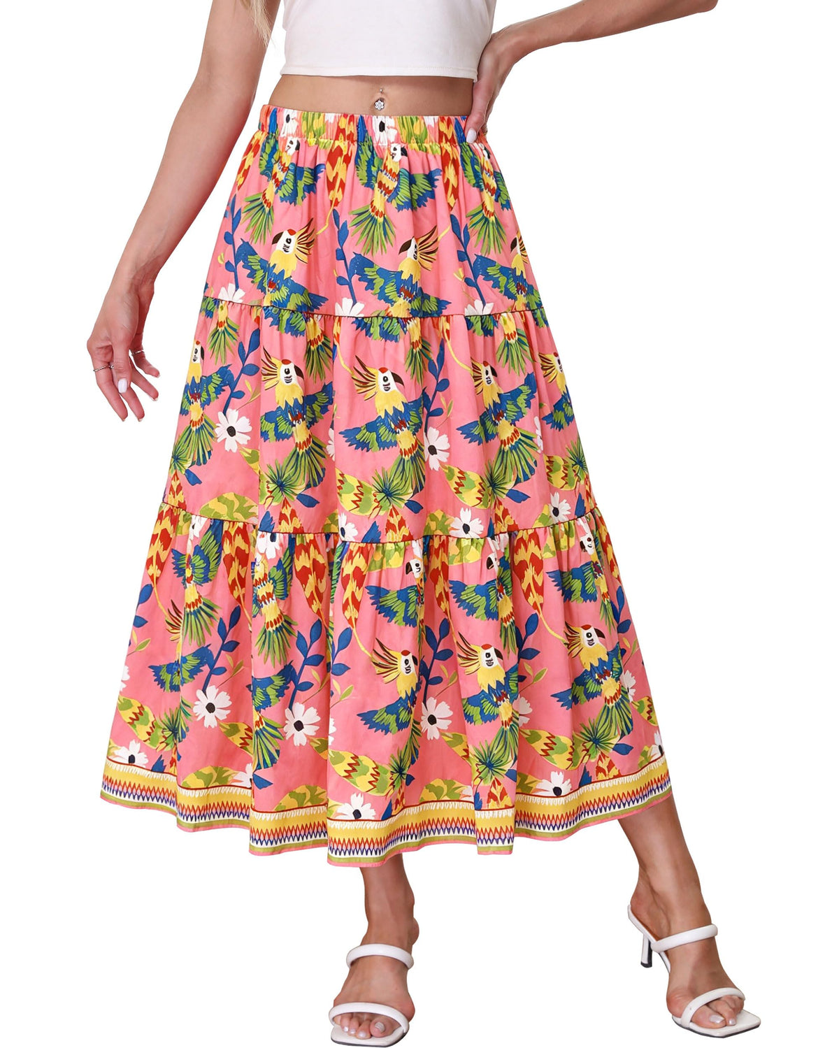 Kingfancy Women's Boho Midi Skirt A-Line Flowy Skirts
