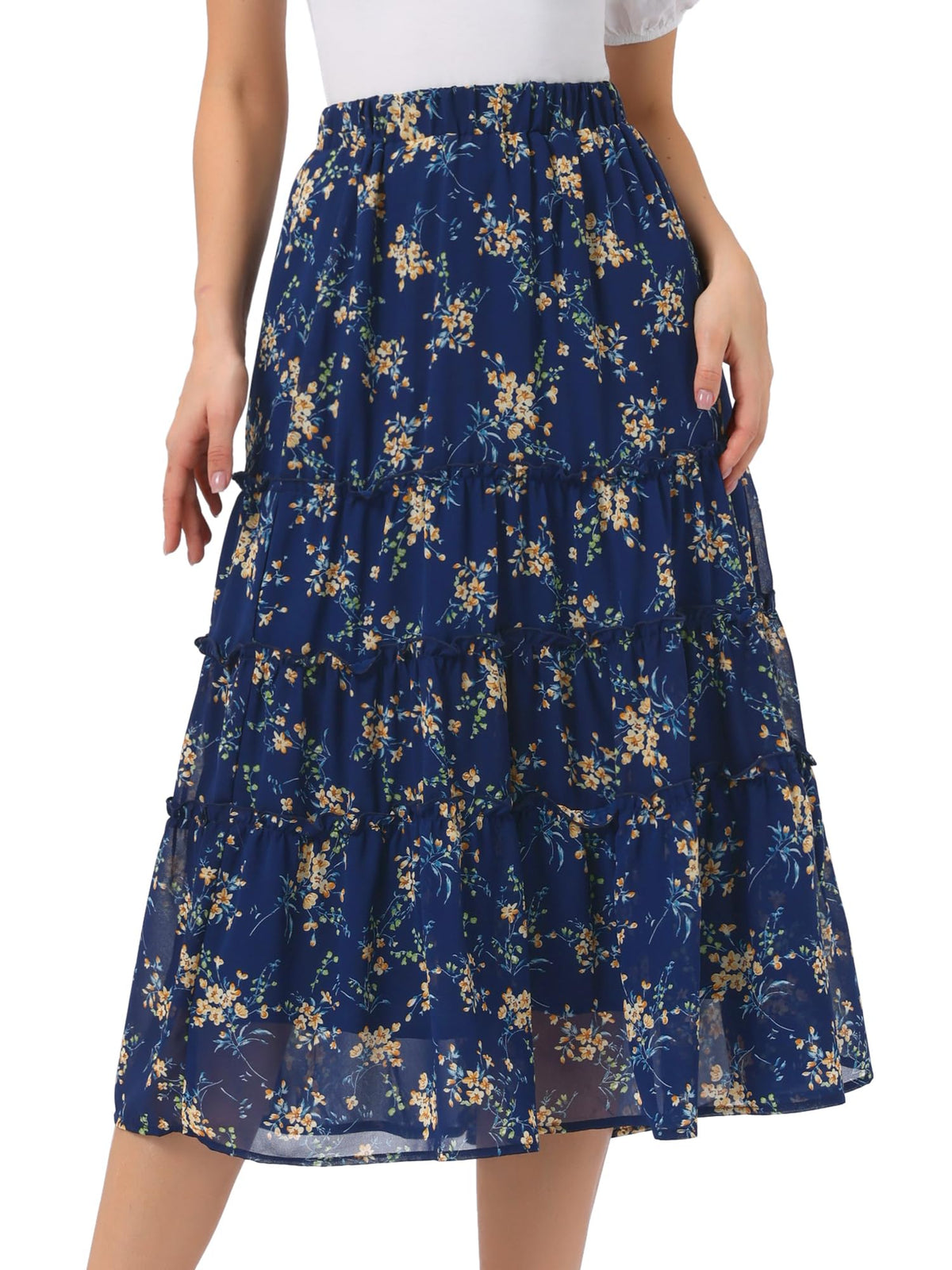 Allegra K Women's Floral Skirt Chiffon A-line Long Tiered Ruffle Maxi Skirt