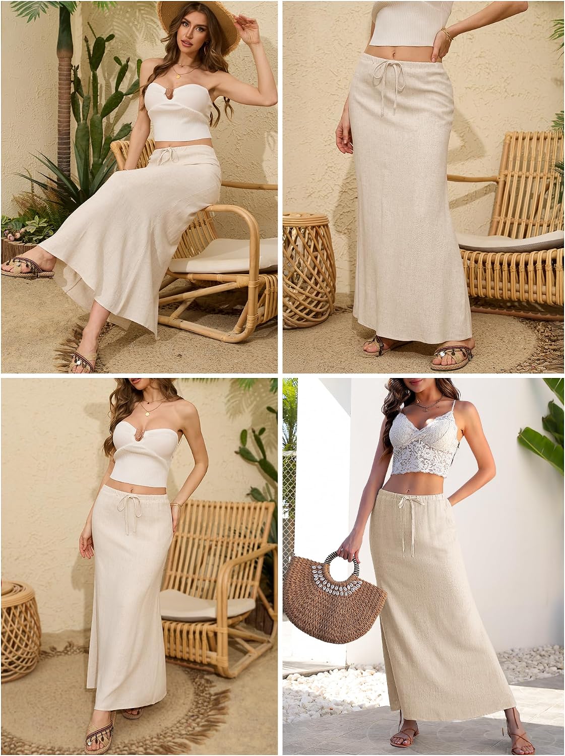 ELLEVEN Linen Flared Maxi Skirt, Boho Flowy Ankle-Length Skirts for Women