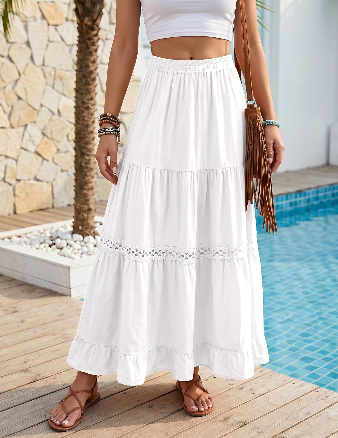 Womens Long Maxi Cotton Summer Boho Tiered A Line Skirts
