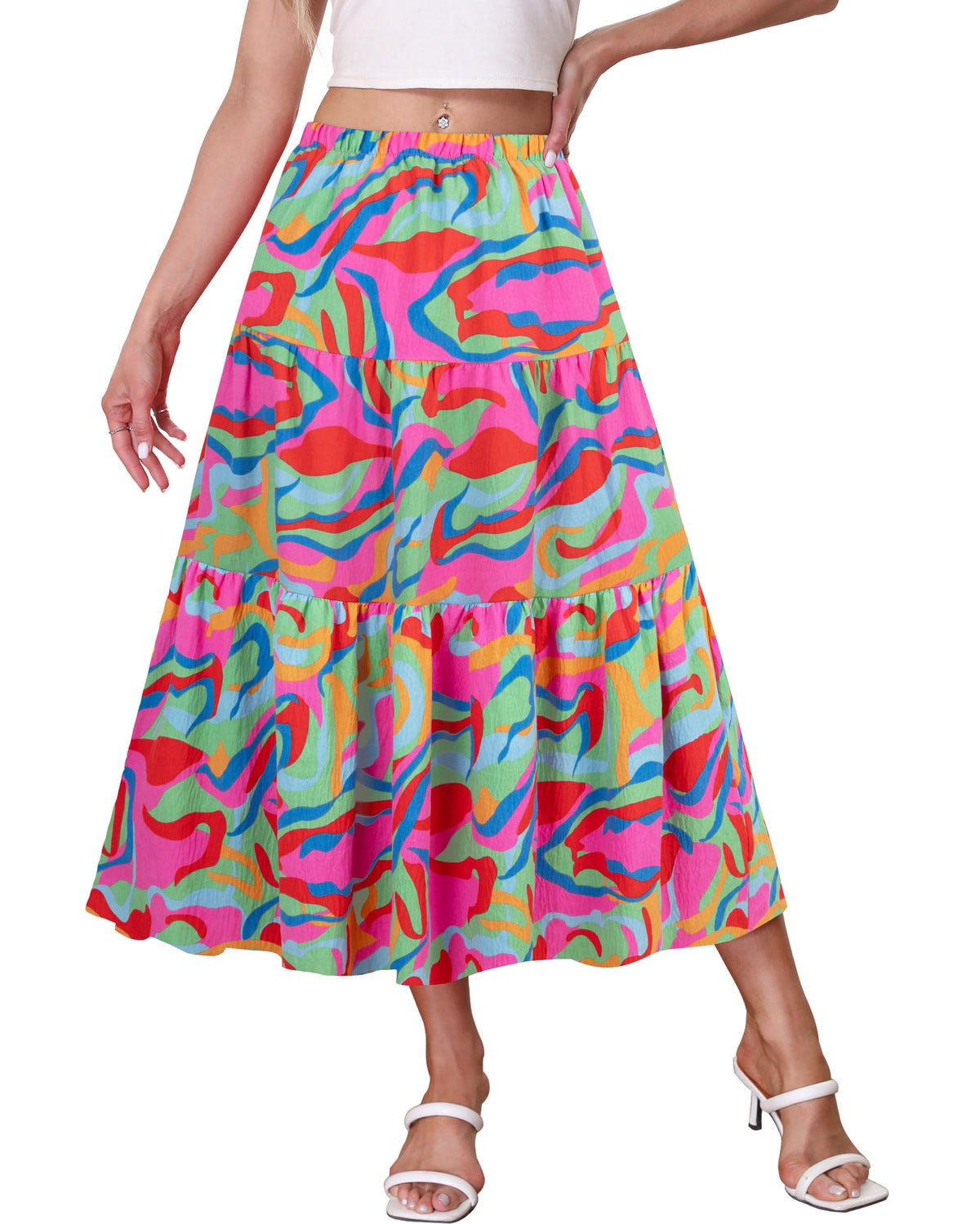 Kingfancy Women's Boho Midi Skirt A-Line Flowy Skirts