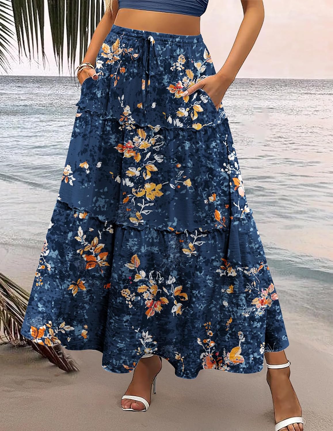 Zeagoo Womens Casual Maxi Skirts for Women 2026 High Waist Boho Skirts Floral Printed Long Flowy Skirt with Pockets