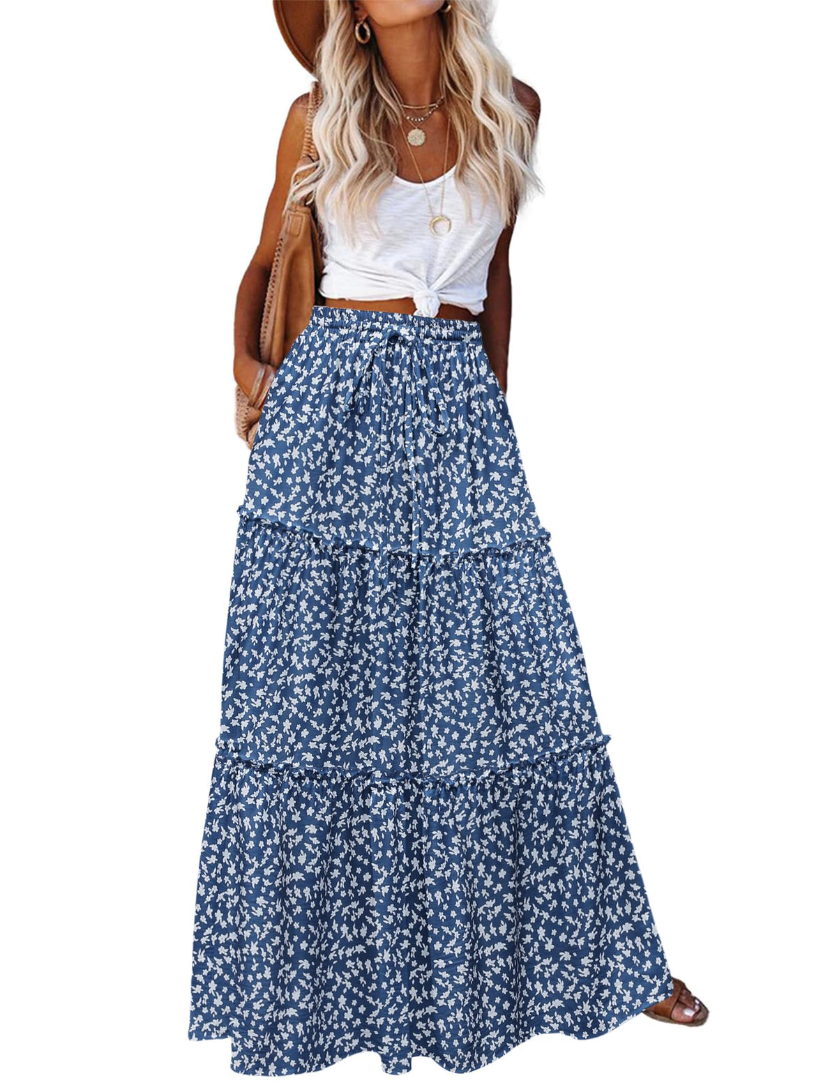 Zeagoo Womens Casual Maxi Skirts for Women 2026 High Waist Boho Skirts Floral Printed Long Flowy Skirt with Pockets