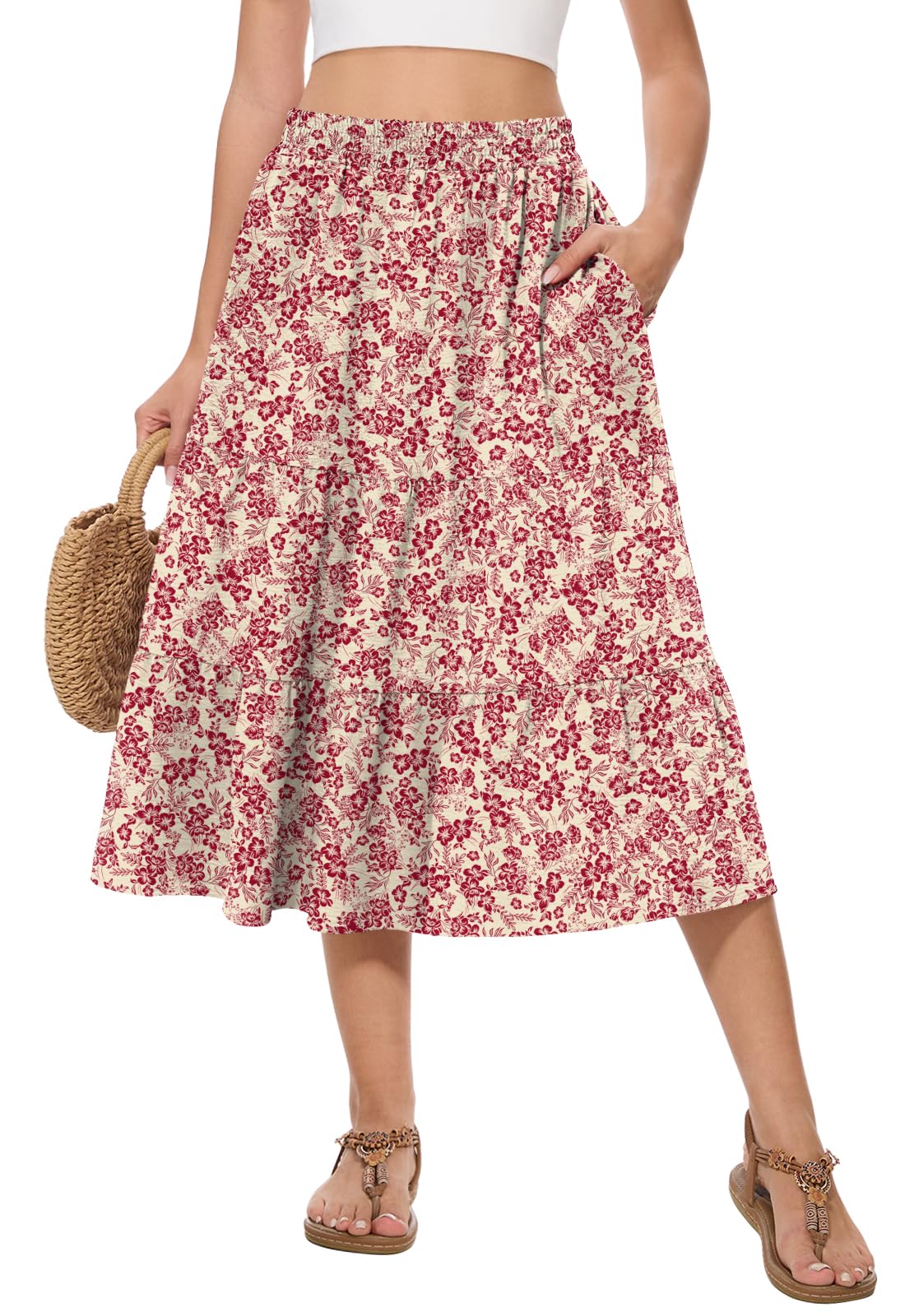 Women's Summer Midi Tiered Flowy High Waist A-Line Casual Skirts