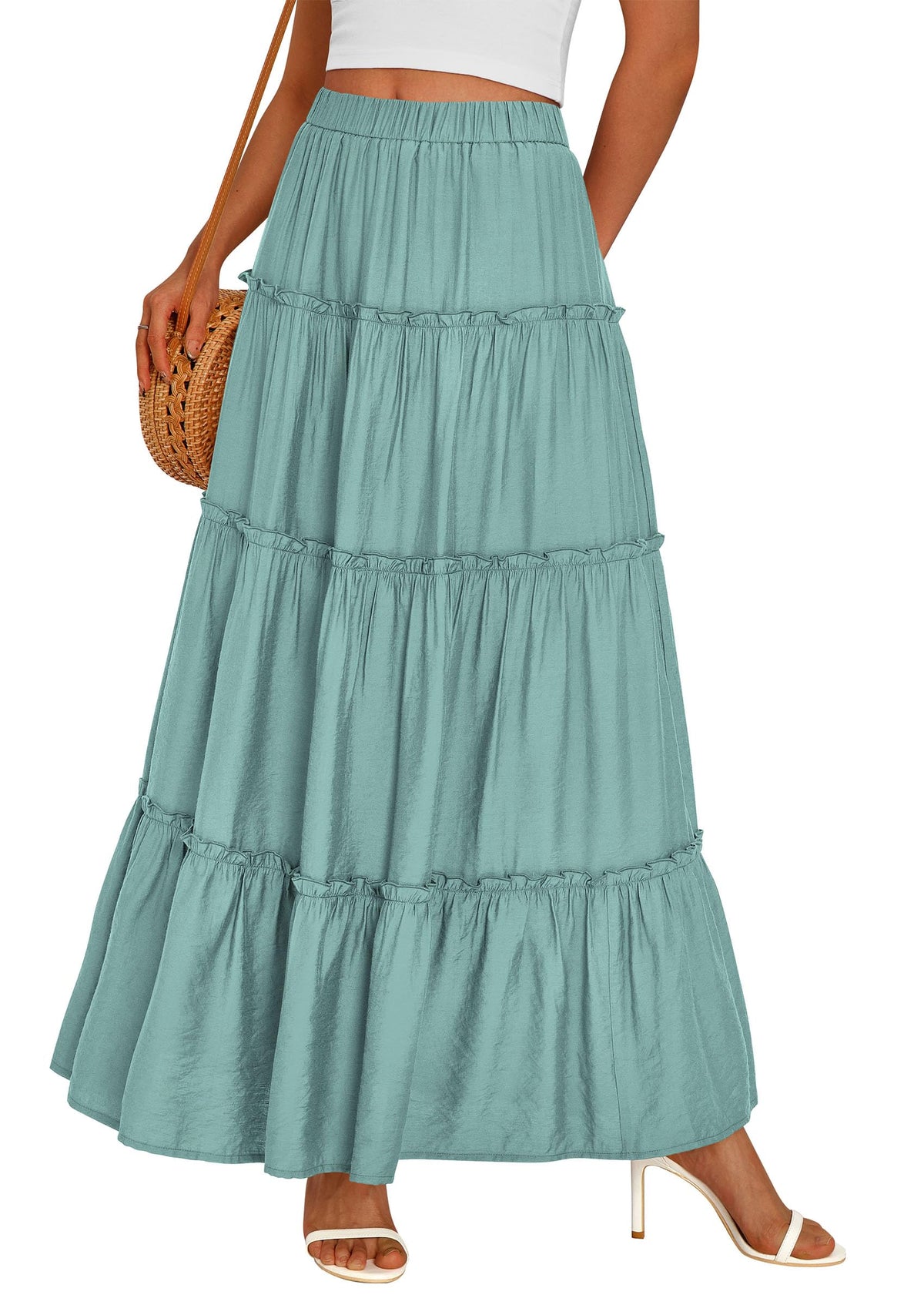 PRETTYGARDEN Women's Boho Tiered Ruffle Flowy Maxi Skirt
