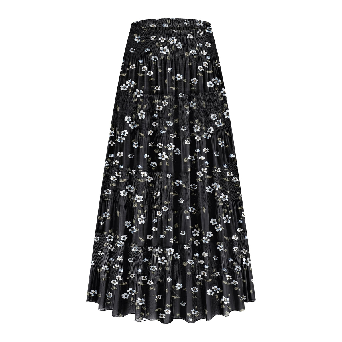 CYiNu Women's Chiffon Elastic High Waist Tiered Pleated Floral Printed A-Line Boho Long Maxi Skirts