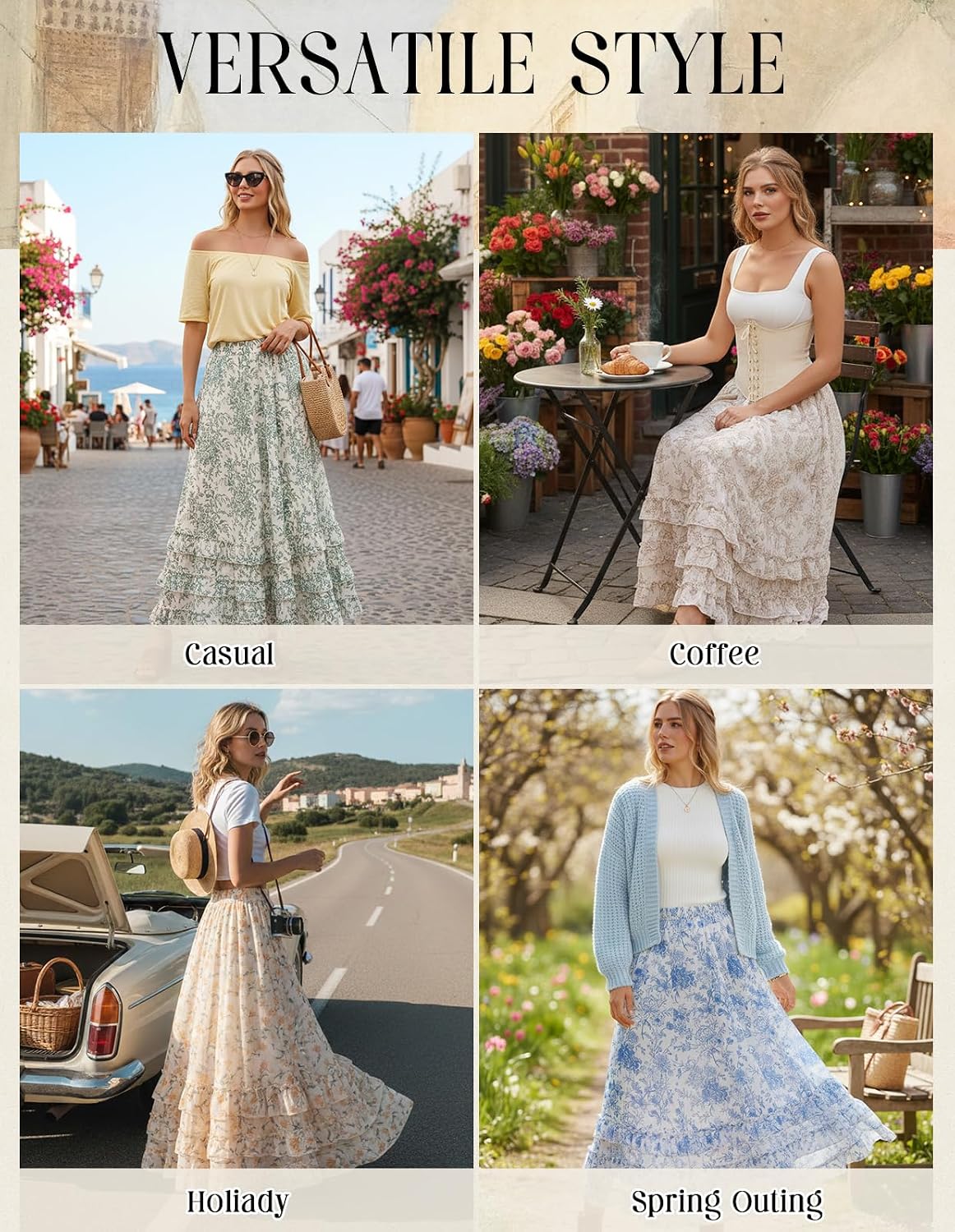 Scarlet Darkness Maxi Skirts for Women Floral Chiffon Ruffle Long Skirt
