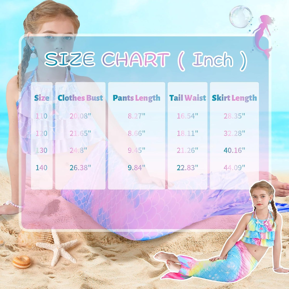 Girls Mermaid Swimwear 3 Piece Tankini Outfit for Ages 4-10