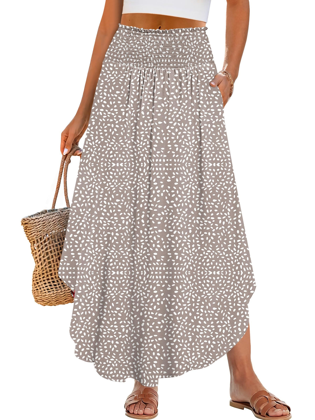 ANRABESS Women's Maxi Skirts Summer Boho Floral High Waisted Flowy Swing Pleated Beach Long Skirt with Pockets