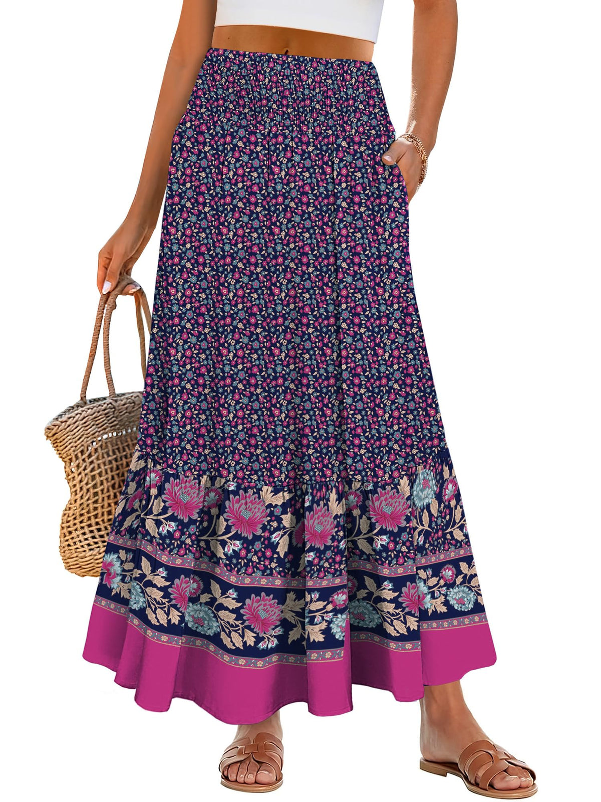 ANRABESS Women Boho Floral Maxi Skirts, High Waisted Tiered Skirt, Flowy Beach Skirts with Pockets for Vacation & Summer Wear