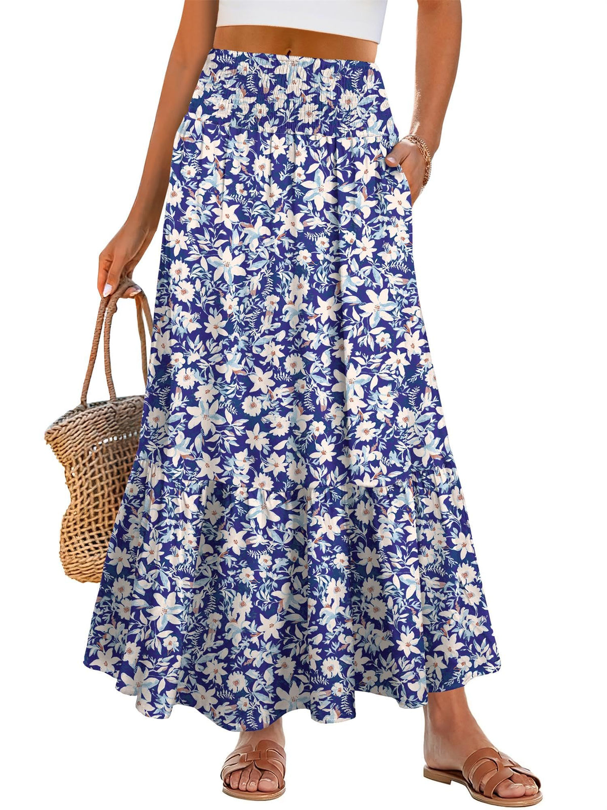 ANRABESS Women Boho Floral Maxi Skirts, High Waisted Tiered Skirt, Flowy Beach Skirts with Pockets for Vacation & Summer Wear