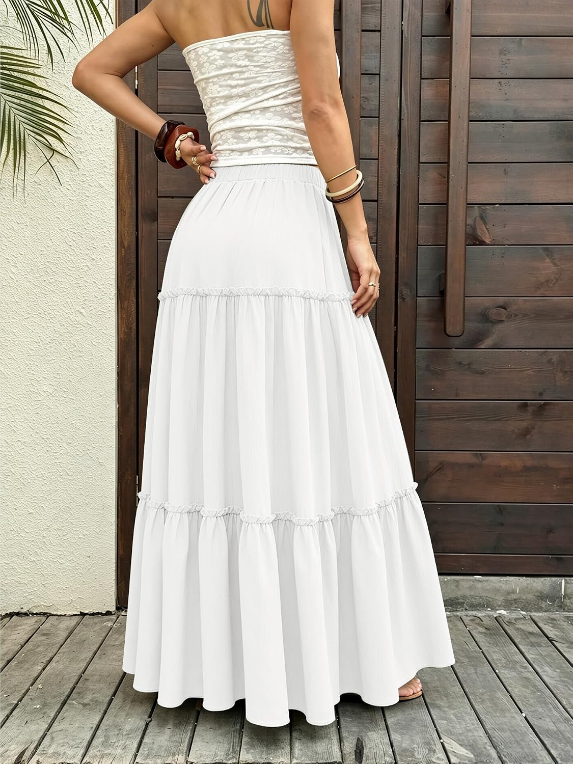 Maxi Skirts for Women 2026 Summer Side Slit Tiered Trendy Pleated Ruffle Flowy Boho Long Skirt with Pockets
