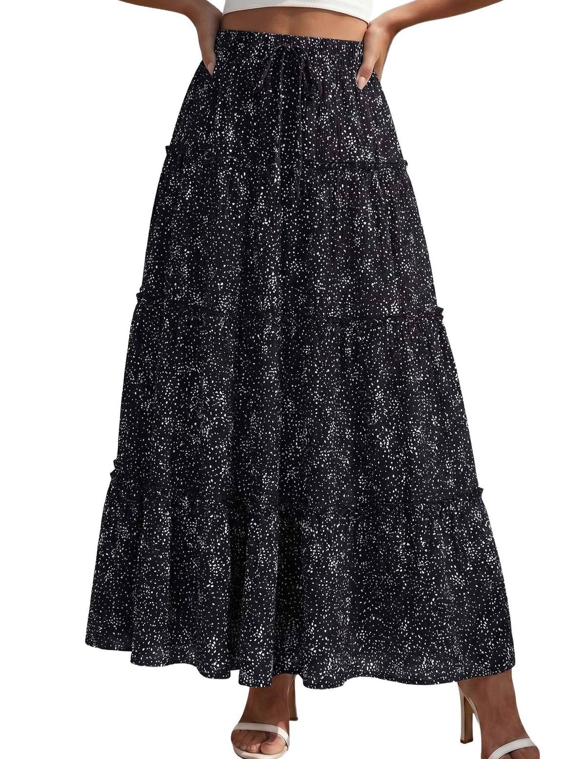 DERAX Womens Boho Maxi Skirt Flowy Ruffle Tiered High Waisted Long Skirts