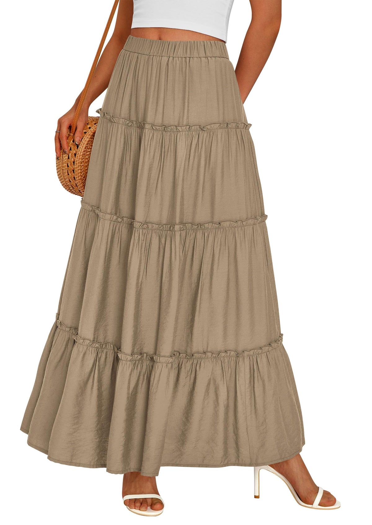 PRETTYGARDEN Women's Boho Tiered Ruffle Flowy Maxi Skirt