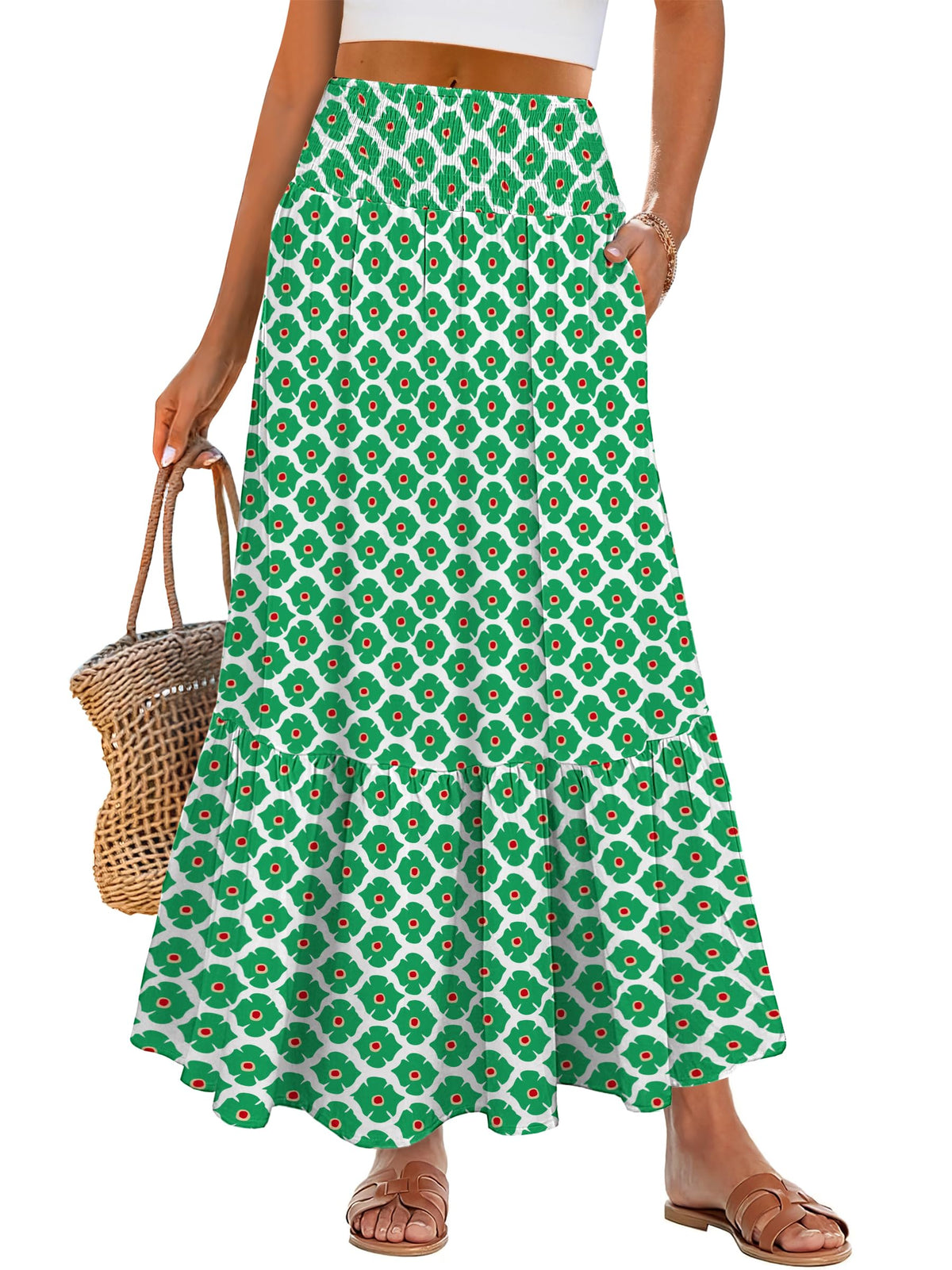 ANRABESS Women Boho Floral Maxi Skirts, High Waisted Tiered Skirt, Flowy Beach Skirts with Pockets for Vacation & Summer Wear
