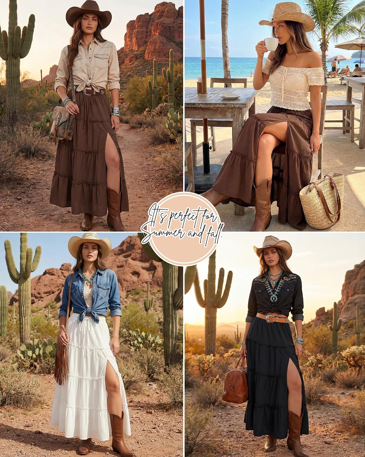 Cutecrop Womens Tiered Maxi Skirt Elastic Waist Flowy Casual Boho Western Skirts Ruffle High Slit Country Cowgirl Long Skirts