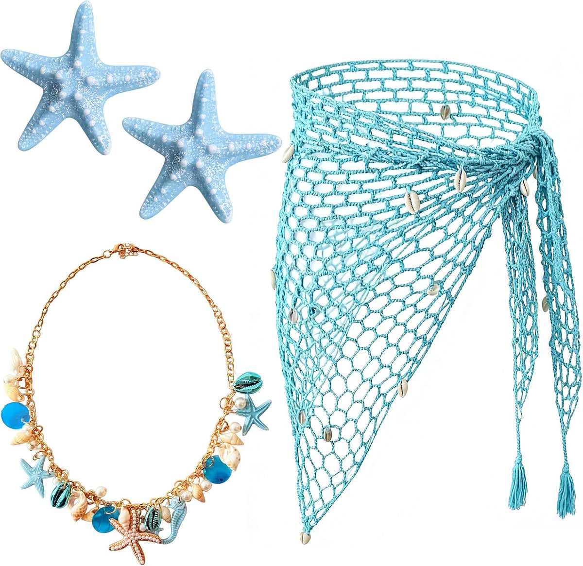 4 Pieces Mermaid Costume Accessories for Women, Beach Crochet Fishnet Skirt Sarong