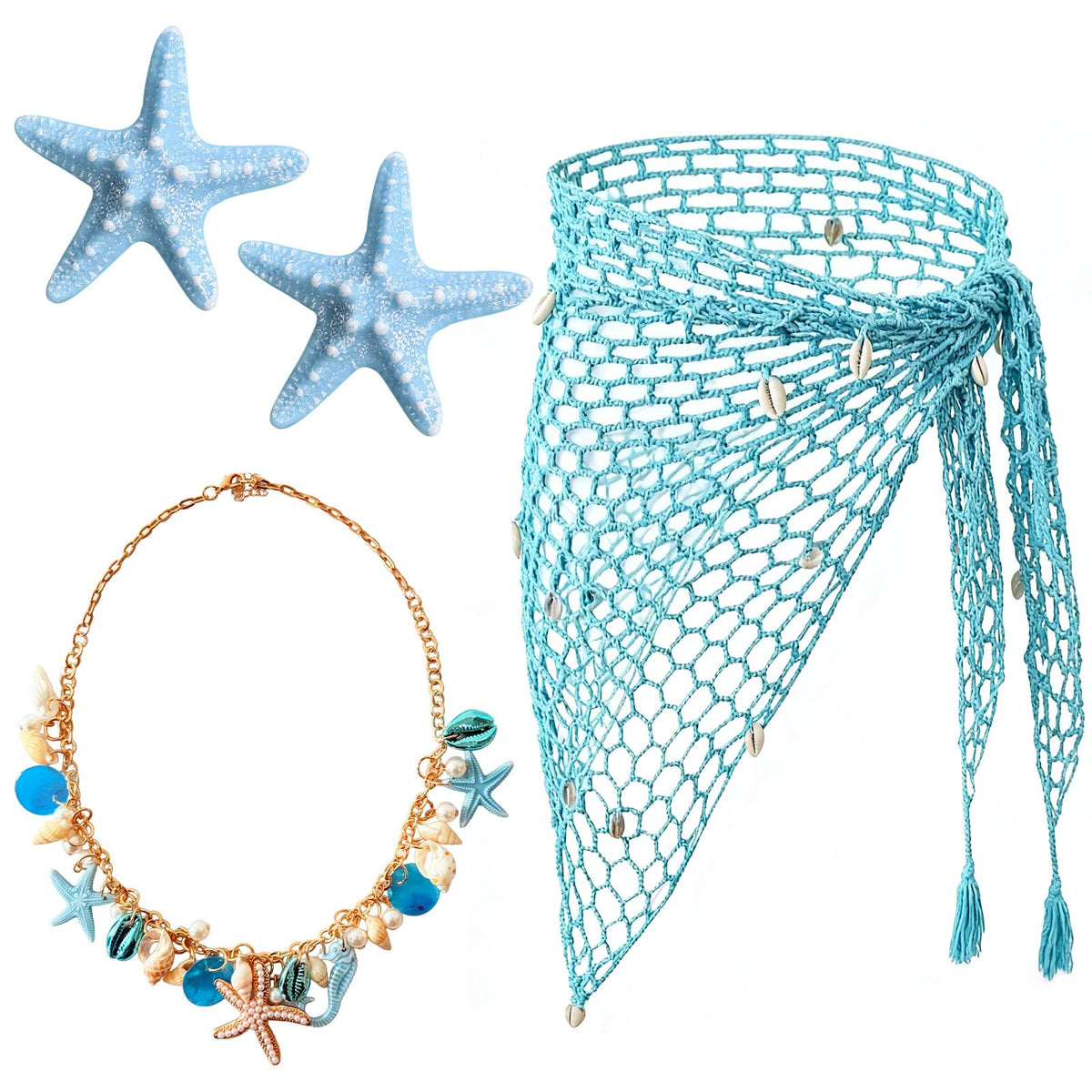4 Pieces Mermaid Costume Accessories for Women, Beach Crochet Fishnet Skirt Sarong