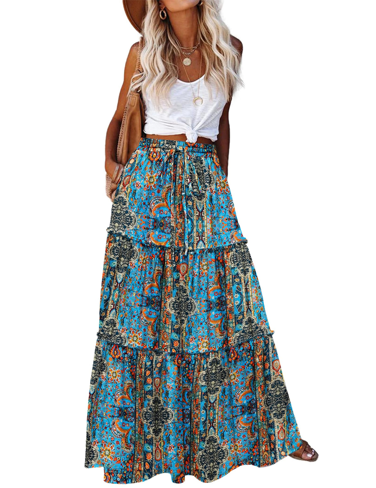 Zeagoo Womens Casual Maxi Skirts for Women 2026 High Waist Boho Skirts Floral Printed Long Flowy Skirt with Pockets