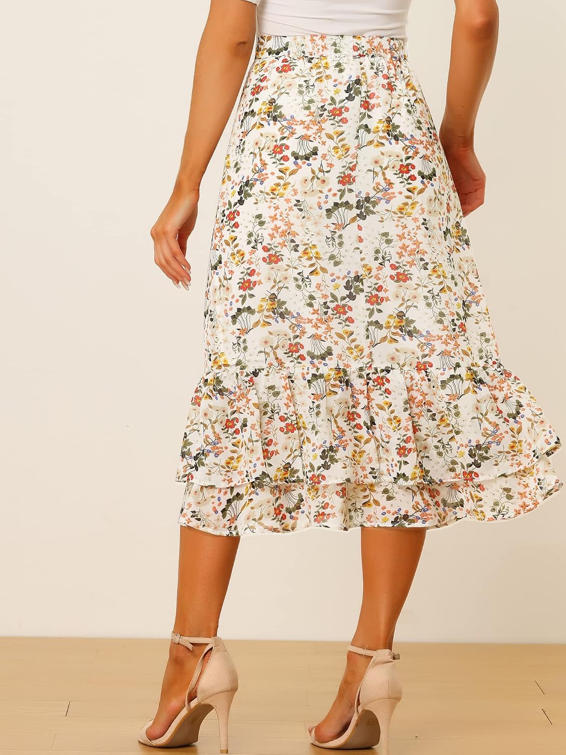Allegra K Women's Printed Skirt Chiffon Ruffle Tiered Flowy Midi Skirts