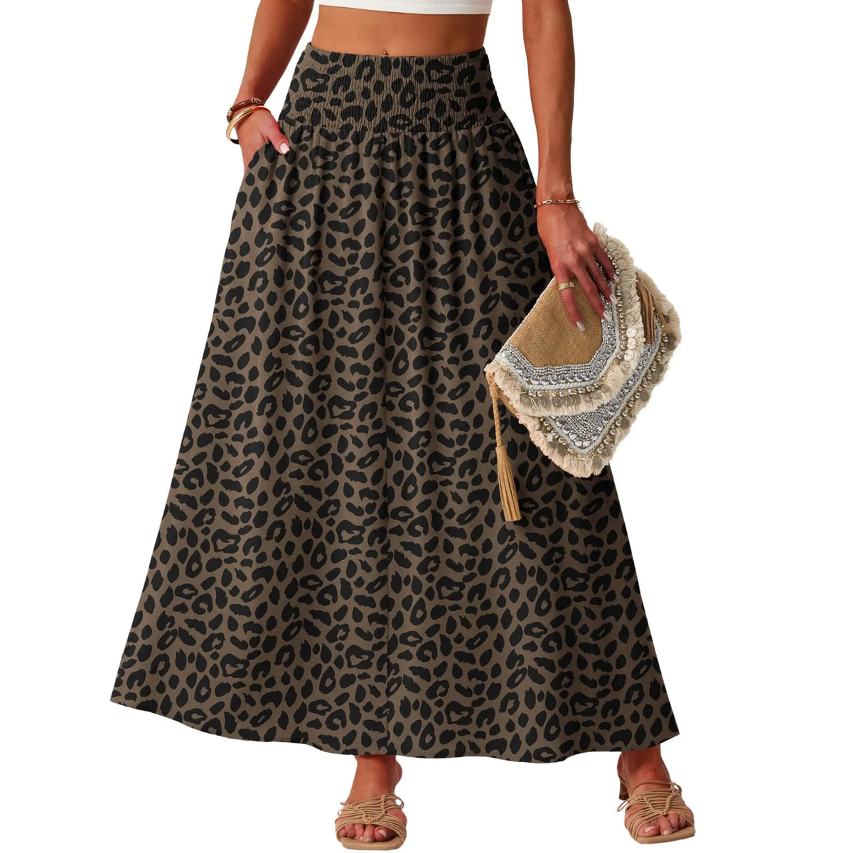 Lepunuo Maxi Skirts for Women Smocked Elastic High Waisted Casual Boho Swing Pleated Beach Long Skirts with Pockets