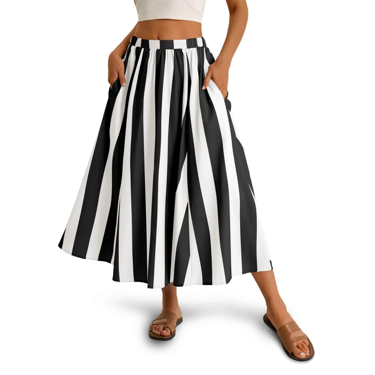 Cicy Bell Womens Summer Striped Maxi Skirts A-Line Elastic Waist Flowy Skirt Beach Vacation Outfits