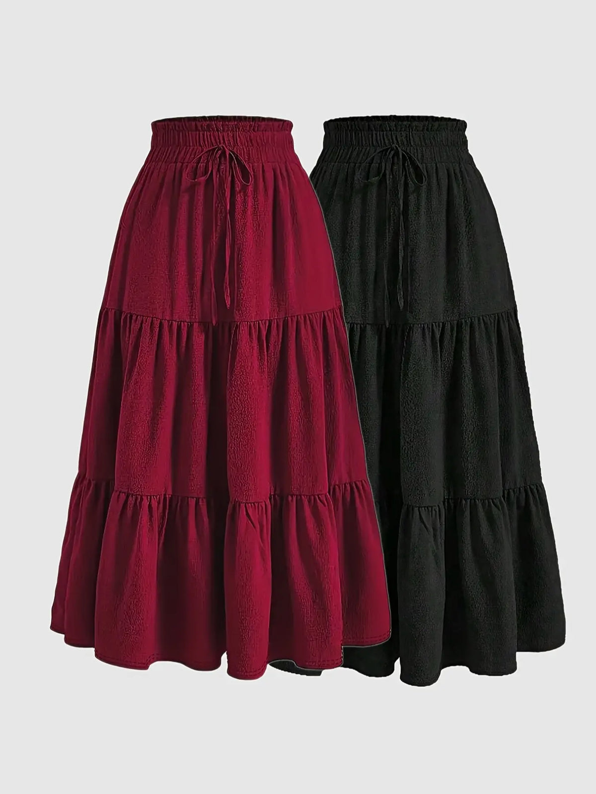Women's 2 Piece Set, Casual Fitted Long Skirt with Drawstring and Layered Ruffles, Thin Lightweight Woven Fabric, Plain Pattern, All Seasons Wear, Skirt Sets, Womenswear, Clothes, Lady