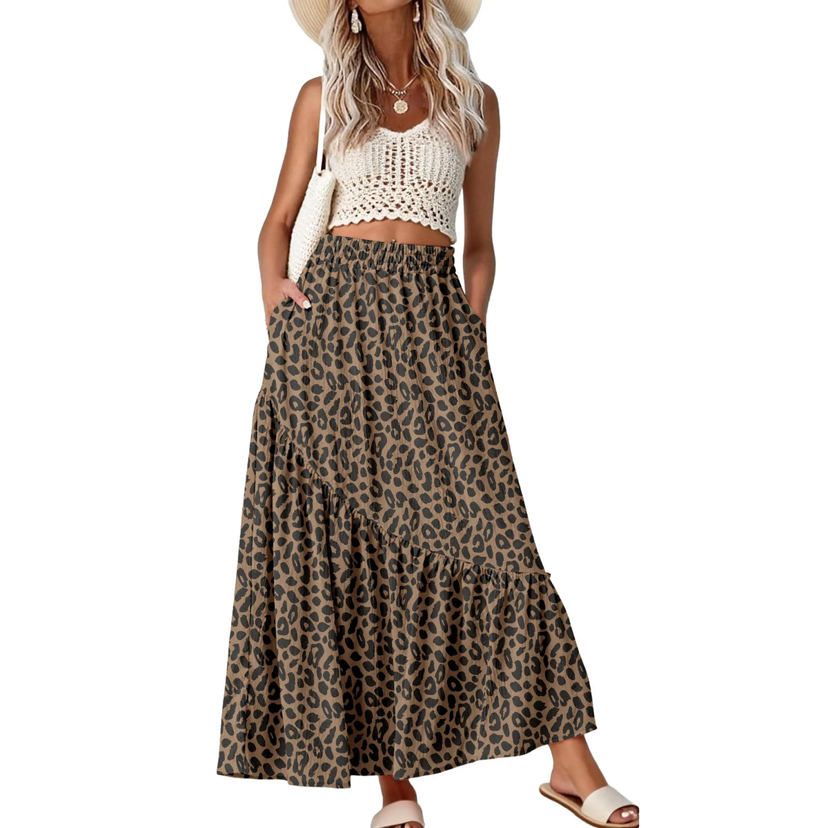 GRECERELLE Women's Boho Maxi Skirt High Waist Pleated A-Line Flowy Swing Asymmetric Tiered Long Skirts with Pockets