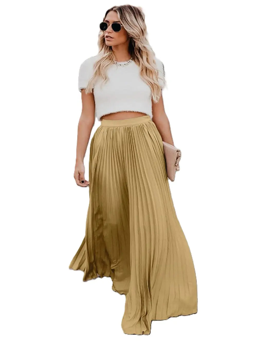 Ebossy Women's High Waist Flowy Pleated Chiffon Maxi Skirt - Casual Loose Fitted, Elastic Waist, Summer Fall Winter Wear, Basic Minimalist Design Womenswear,back to school shopping