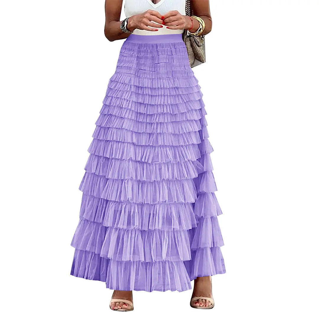 Women's High-Waisted Fitted A-Line Tulle Maxi Skirt - Ruffled Tiered Mesh Tutu Bottom, Elegant Chic Summer Petticoat, Machine Washable Skirt, Machine Washable Skirts,back to school shopping,sohochic