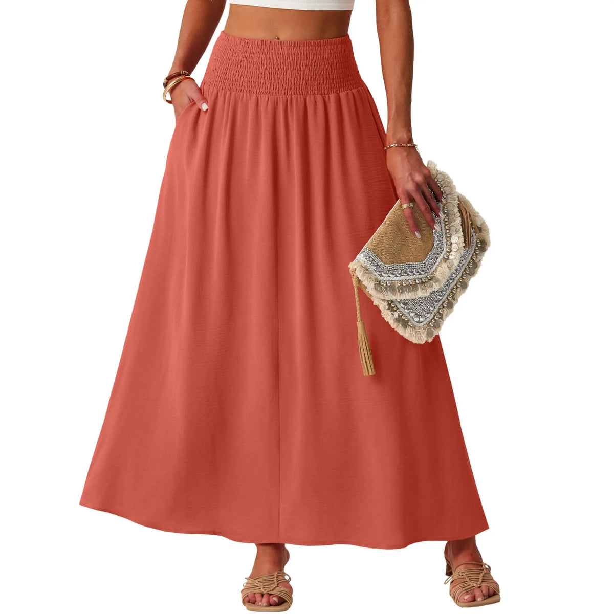 Lepunuo Maxi Skirts for Women Smocked Elastic High Waisted Casual Boho Swing Pleated Beach Long Skirts with Pockets