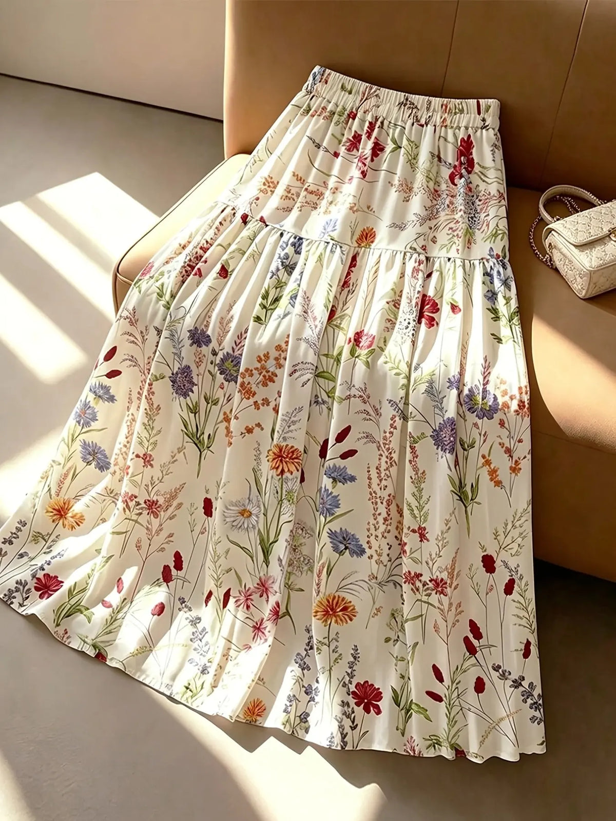 Women's Summer Multicolor Print Elastic Waist Patchwork Bell Long Skirt, Elegant and Versatile, Perfect for Various Occasions
