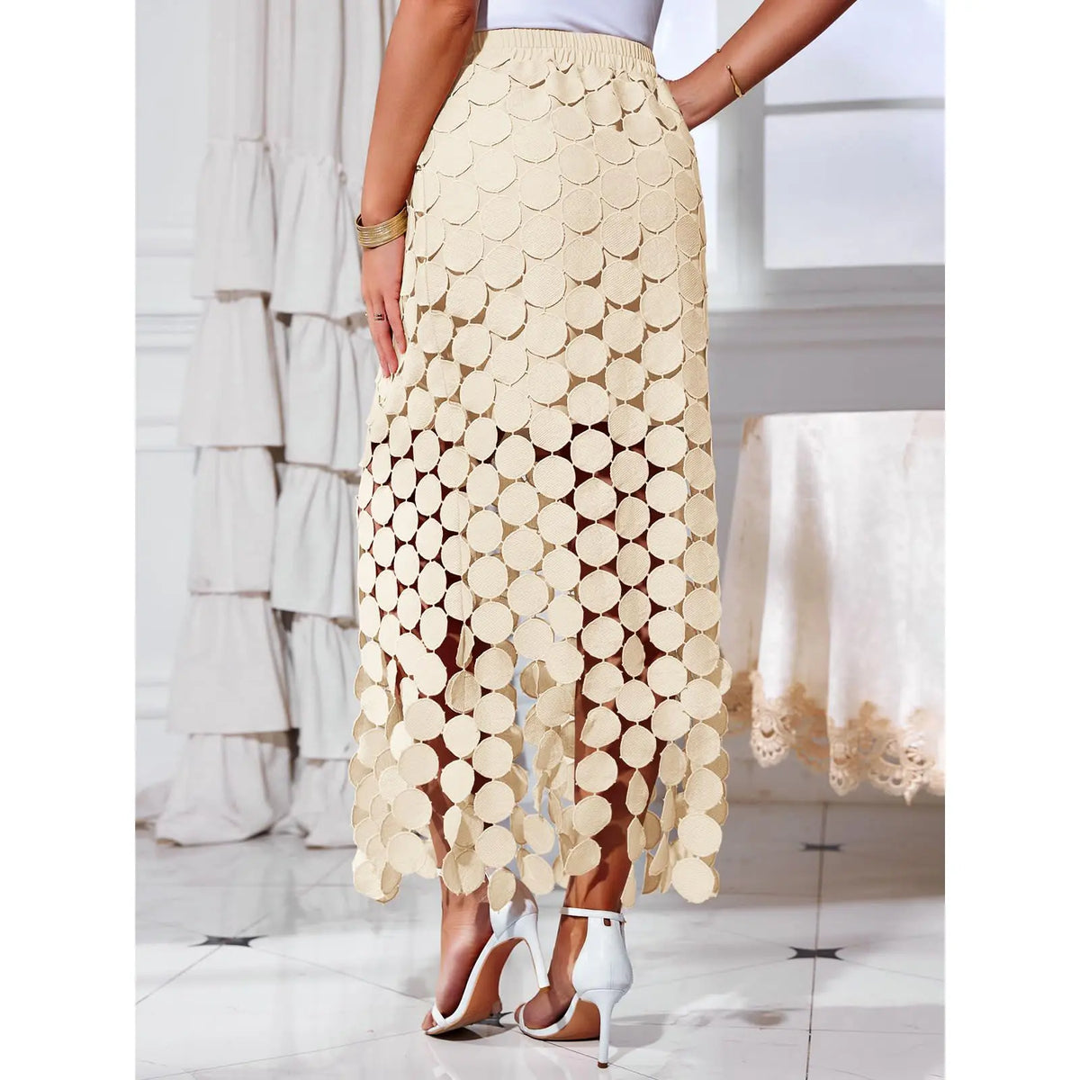 Cicy Bell Womens Hollow Out Maxi Skirts Summer High Waisted Boho Fringe Hem Long Skirt