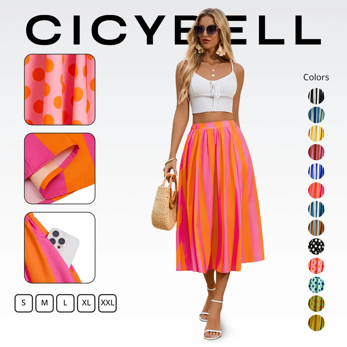 Cicy Bell Womens Summer Striped Maxi Skirts A-Line Elastic Waist Flowy Skirt Beach Vacation Outfits