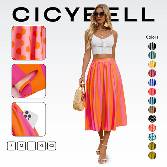 Cicy Bell Womens Summer Striped Maxi Skirts A-Line Elastic Waist Flowy Skirt Beach Vacation Outfits