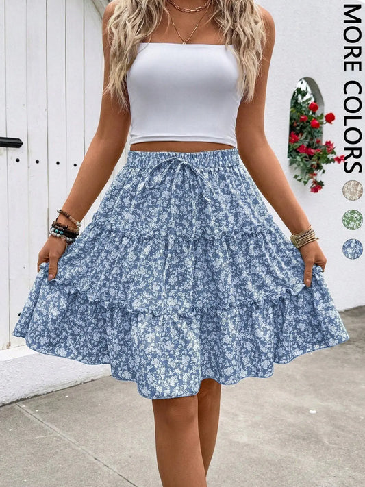 Women's Ditsy Floral Layered Midi Skirt, Adjustable Drawstring Elastic Waist, Flowy Ruffle Hem, Feminine Casual Elegant Design, Perfect for Daily Wear, Floral Skirts