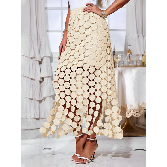 Cicy Bell Womens Hollow Out Maxi Skirts Summer High Waisted Boho Fringe Hem Long Skirt