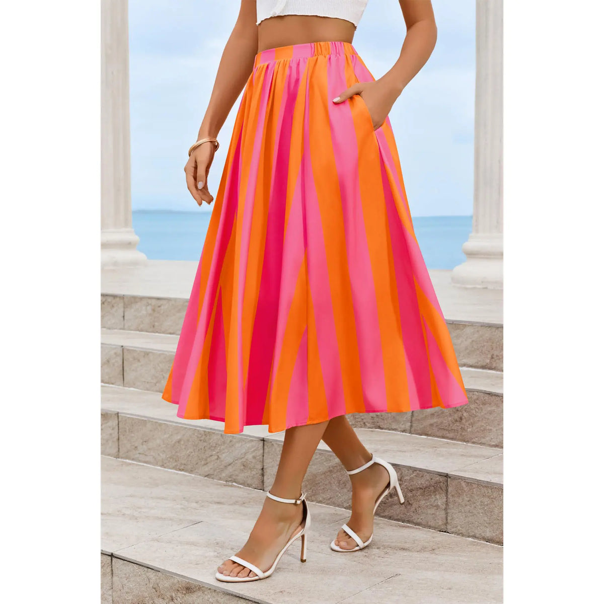 Cicy Bell Womens Summer Striped Maxi Skirts A-Line Elastic Waist Flowy Skirt Beach Vacation Outfits