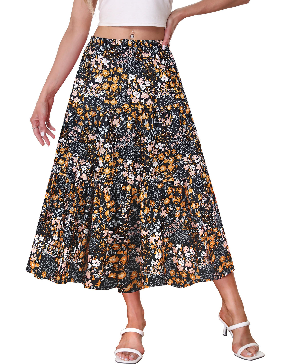 Kingfancy Women's Boho Midi Skirt A-Line Flowy Skirts