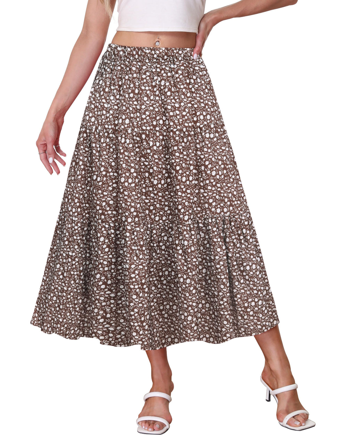 Kingfancy Women's Boho Midi Skirt A-Line Flowy Skirts