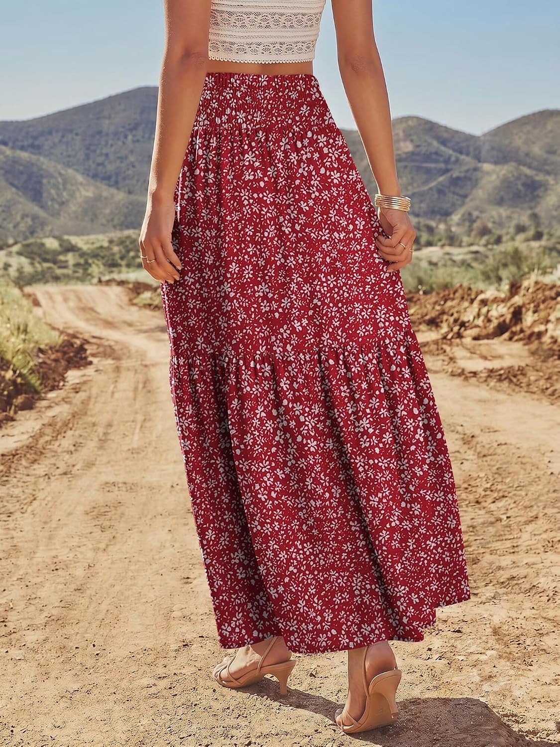 StunShow Women's Maxi Skirts Boho High Waisted Flowy A Line Pleated Beach Long Skirt with Pockets(S-XXL)