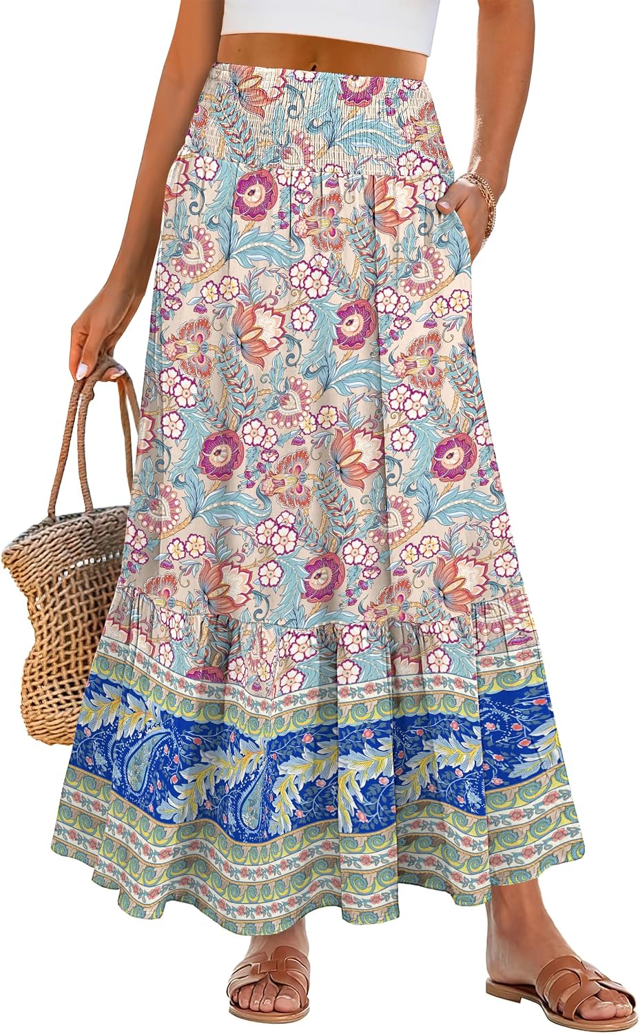 ANRABESS Women Boho Floral Maxi Skirts, High Waisted Tiered Skirt, Flowy Beach Skirts with Pockets for Vacation & Summer Wear