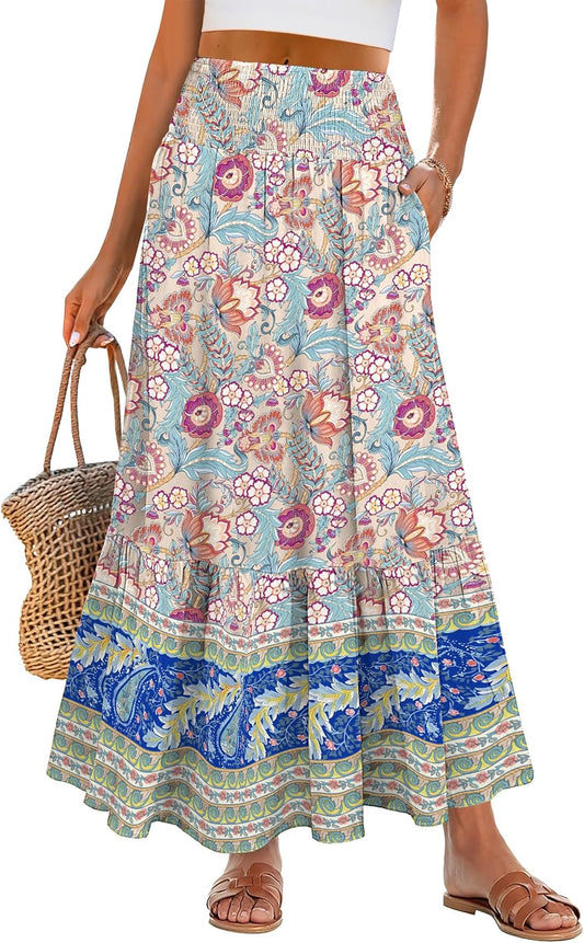 ANRABESS Women Boho Floral Maxi Skirts, High Waisted Tiered Skirt, Flowy Beach Skirts with Pockets for Vacation & Summer Wear
