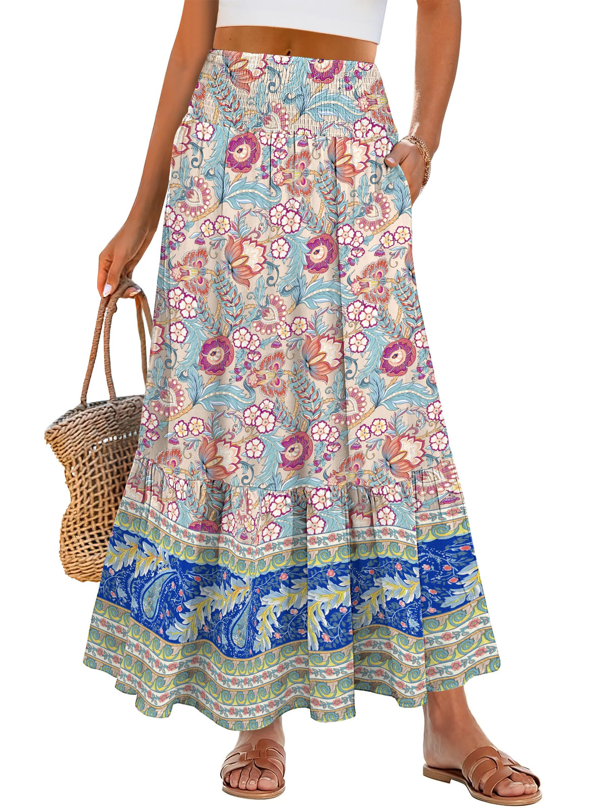 ANRABESS Women Boho Floral Maxi Skirts, High Waisted Tiered Skirt, Flowy Beach Skirts with Pockets for Vacation & Summer Wear