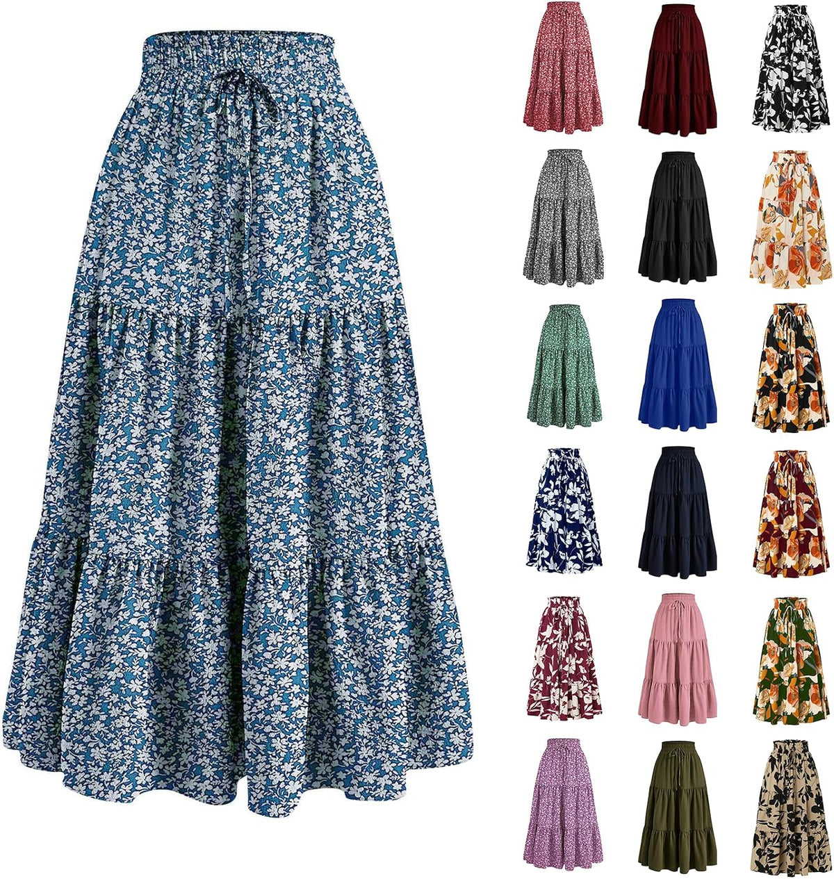 Boho Long Skirts for Women Summer Flowy Pleated A Line Floral Maxi Skirt Y2k Comfy Tiered Elastic High Waisted Skirts