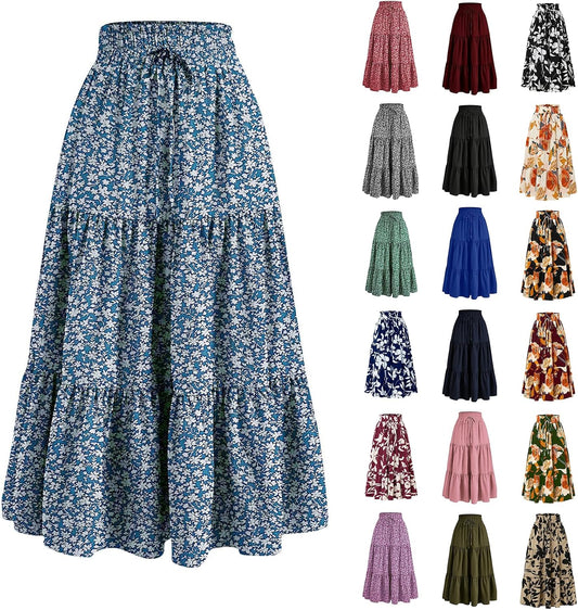 Boho Long Skirts for Women Summer Flowy Pleated A Line Floral Maxi Skirt Y2k Comfy Tiered Elastic High Waisted Skirts
