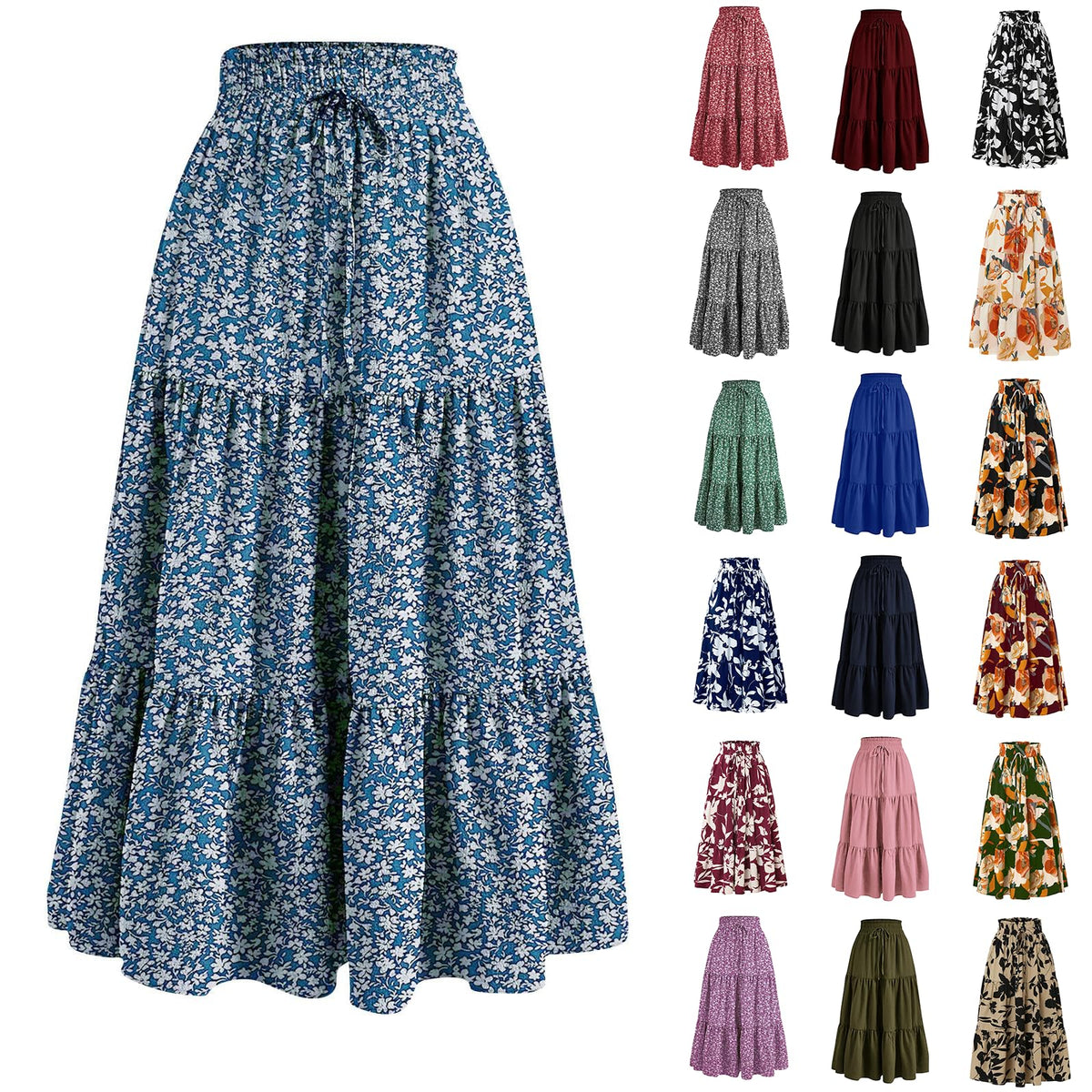 Boho Long Skirts for Women Summer Flowy Pleated A Line Floral Maxi Skirt Y2k Comfy Tiered Elastic High Waisted Skirts