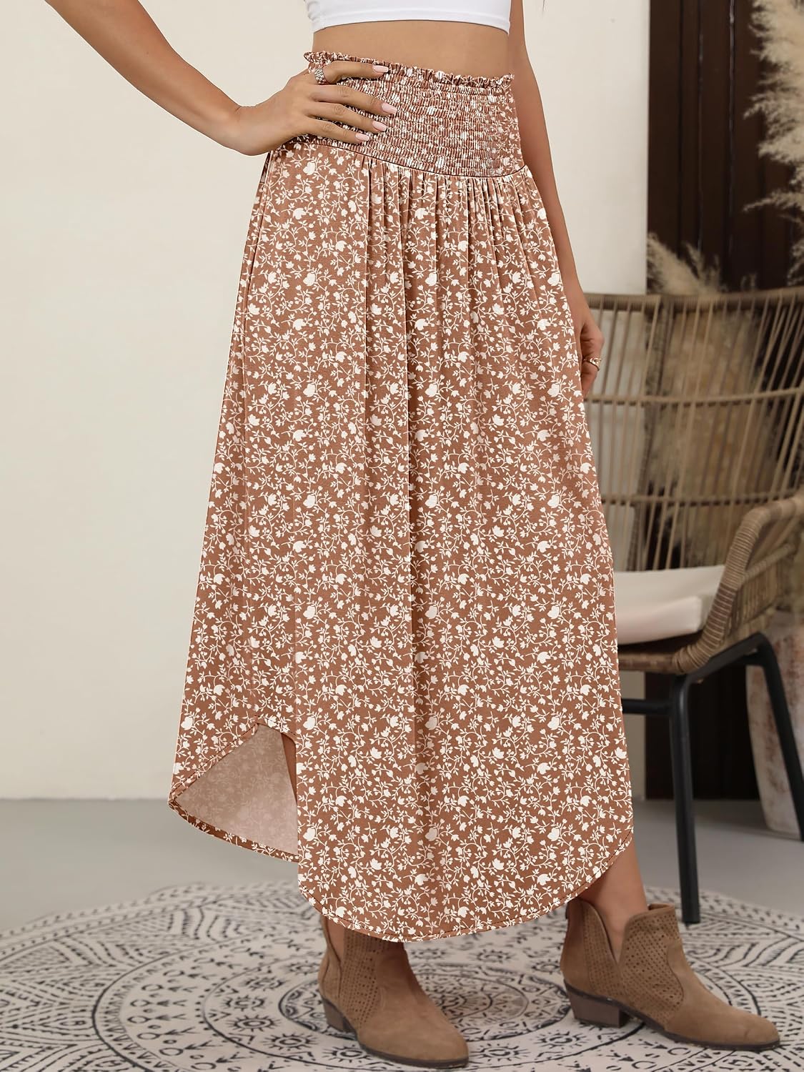 ANRABESS Women's Maxi Skirts Summer Boho Floral High Waisted Flowy Swing Pleated Beach Long Skirt with Pockets
